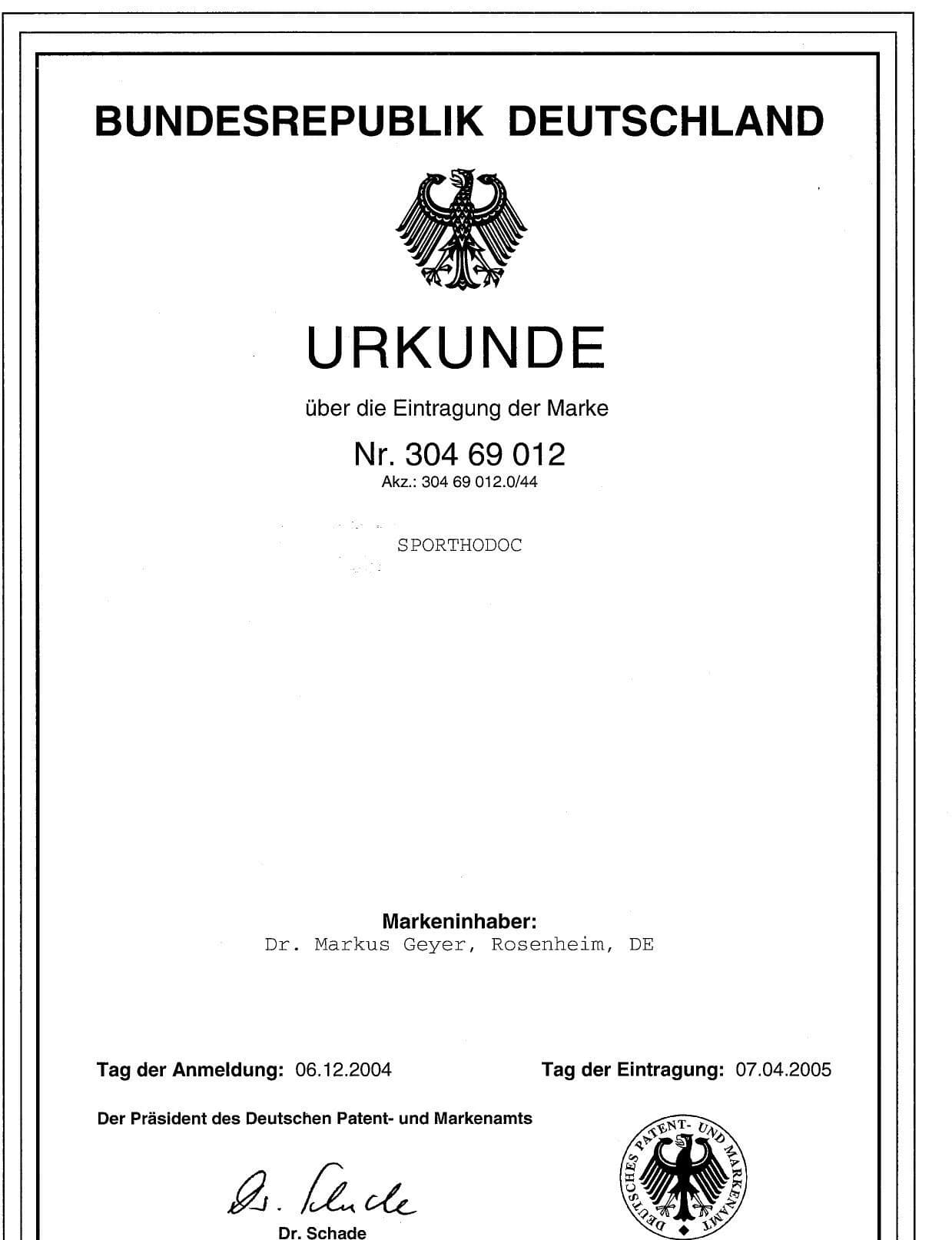 Markeneintragung Sporthodoc®